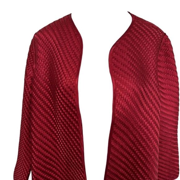 Chico’s Red Satin Travelers Open Front Basket Weave Boxy Jacket Topper 1 M - Picture 8 of 12